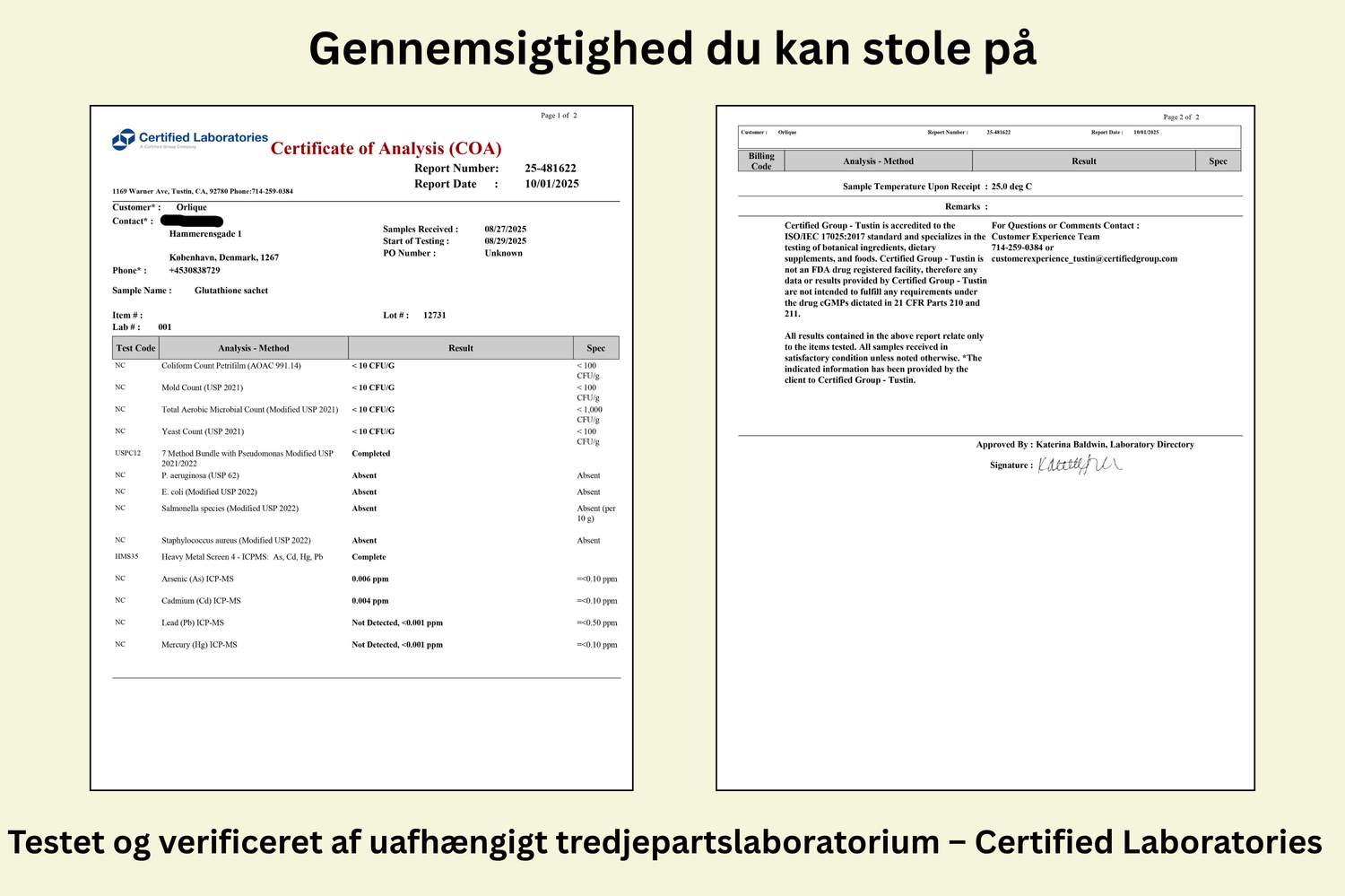 Two laboratory certification documents with text &